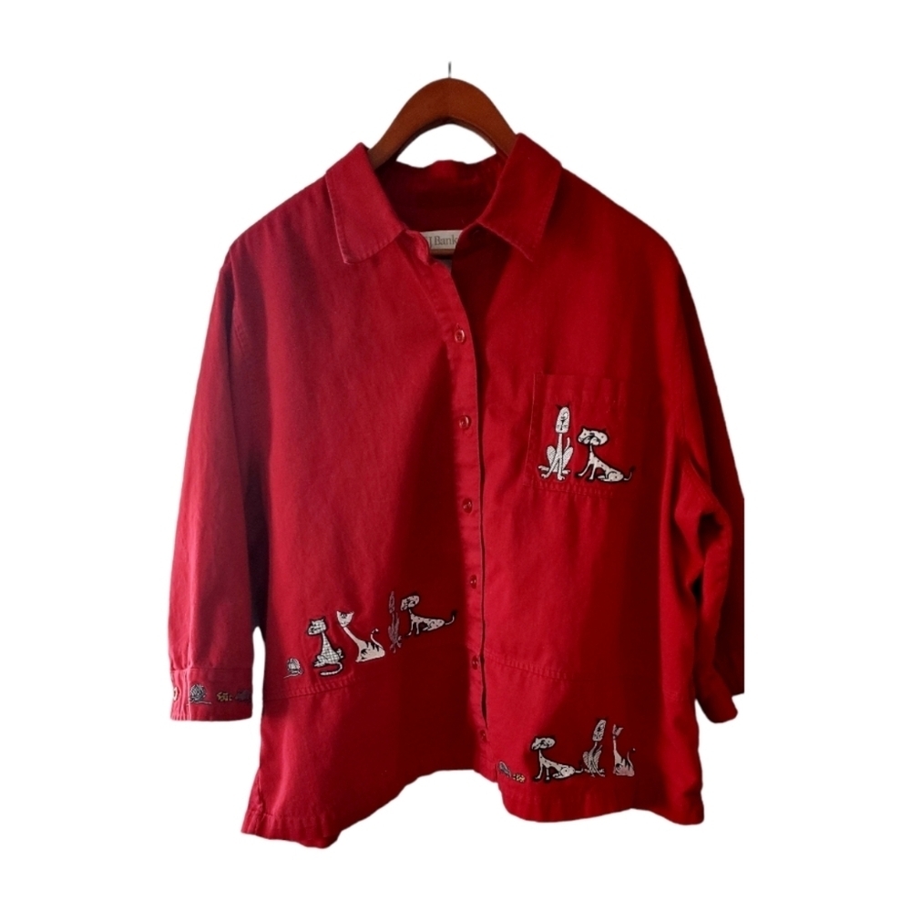 Christopher and Banks Red Jacket with Cats Appliqued on Front and Back Size 1X